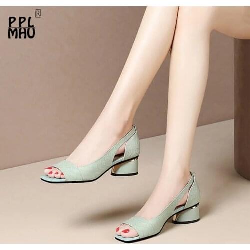 Green Sexy Mesh Breathable Buckle Strap Heels Retro Slip On Comfort Square Heel Office Shoes 2021Fashion Peep Toe Ladies Sandals