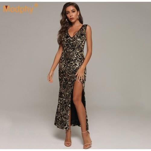 Sexy V-Neck Sleeveless Sequin Stitching Bodycon Long Dress 2020 Autumn New Fashion Celebrity Club Party Split Dress Vestidos