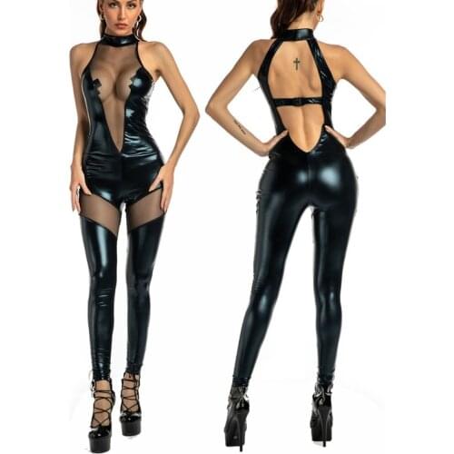 Sexy Women Mesh Patchwork Faux Leather Catsuit PVC Latex Lingerie Bodysuits Clubwear Zipper Women Jumpsuits Rompers Club Outfits