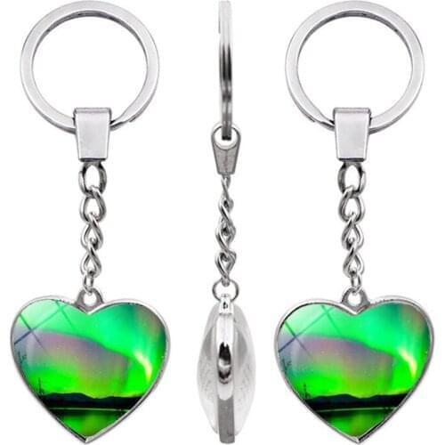 WG 1pc Aurora Double Sided Gem&stone Cabochon Heart Keychain Pendant Metal keyring keychain For Women Bag Pendant Jewelry