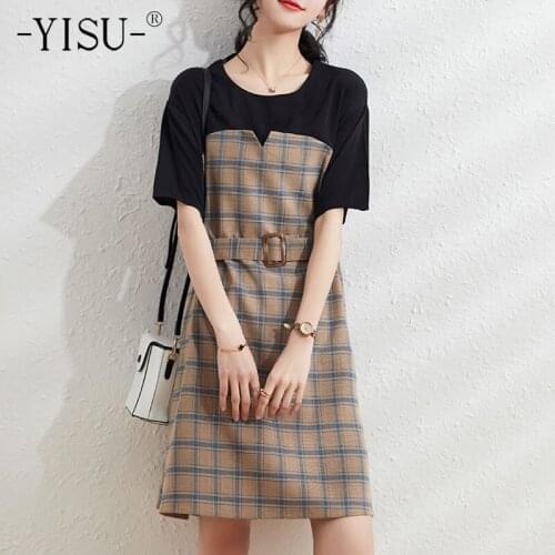 YISU Summer Women Dress O-Neck Stitching color Knitted Dress 2021New Short sleeve Knee-length skirt Casual Female Dress