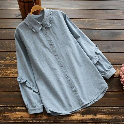 5670 Spring Women Blouse Japan Style Mori Girl Loose Casual Cotton Denim Shirt Ruffled Long Sleeve Single-breasted Solid Shirt