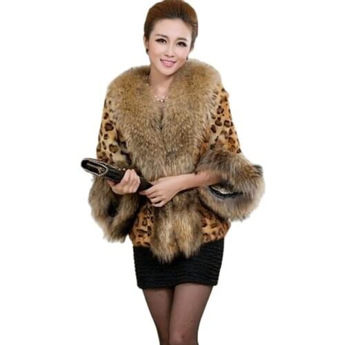 S-6XL Europe and America Women Winter Clothes female leopard Coat large Raccoon Fur Collar Faux Rabbit fur shawl Furry Coat
