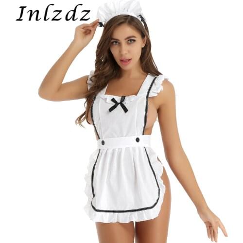 Womens Erotic Sexy Maid Ruffle Retro Apron Kitchen Cooking Cleaning Fancy Dress Cosplay Costume with Hair Hoop G-string Briefs