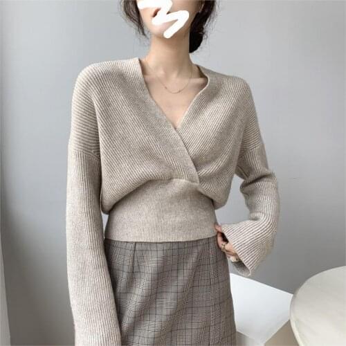 Johnature 2021 Spring New V-neck Kniting Women Sweaters Korean Simple Solid Color Loose Render Sweater