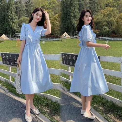 2021new Summer Loose Fresh Fairy Dress V-neck Ruffles Plus Size Xxxxl Blue White Ladies Dresses Vestidos Elegantes