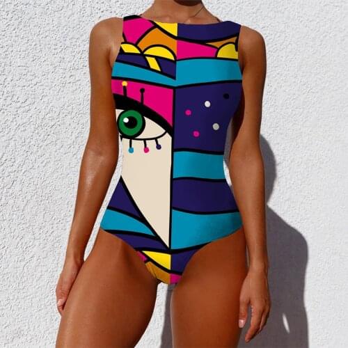 25# Women Brazilian Bikini Graffiti Abstract Printed Swimwear Wide Straps Backless Monokini Bathing Swimsuit Купальник Женский