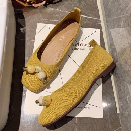Women Flats Ballet Shoes Breathable Knitted Square Toe Moccasins Thick Heels Beige Yellow Flat Ballerina Shallow Female Shoes