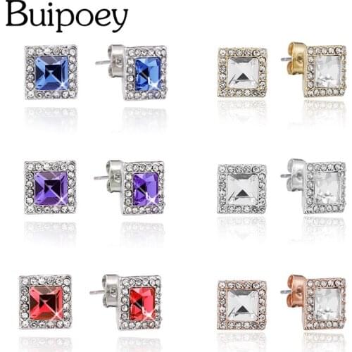 Buipoey Fashion Blue Red Square Crystal Stud Earring For Women Girls Fine Shiny Silver Color Earrings Couple Gift
