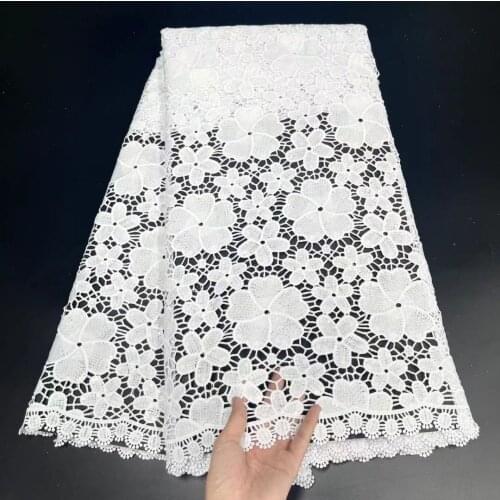 Pure White African Guipure Cord Lace Fabric 2021 High Quality Water Soluble Milk Silk Laces Nigerian Sequins Mesh Lace Wedding