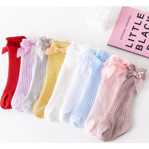 0-2Y Baby Girls Cotton Socks Soft Anti-slip Lovely Knee Length Socks with Bowknot Spring Autumn Stretchy Long Socks Leg Warmer