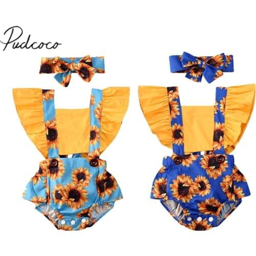 2020 Baby Summer Clothing Newborn Baby Kids Girl Sunflower Romper Jumpsuits+Headband Outfit Set Clothes Sleeveless Sunsuit