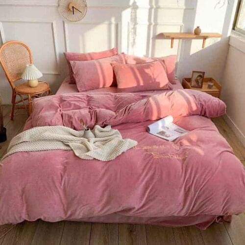 Fleece fabric Bedding Sets Embroidering Home Textile Pink gray yellow blue cyan Bedding Antistatic Bed linen Bed Duvet Cover
