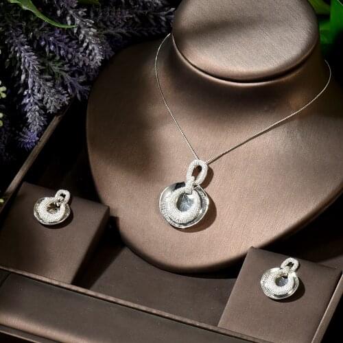 HIBRIDE Unique Brilliant Cubic Zirconia Wedding Jewelry Set Geometric Design Africa Luxury Bridal 2pcs Set bijoux femme N-1887