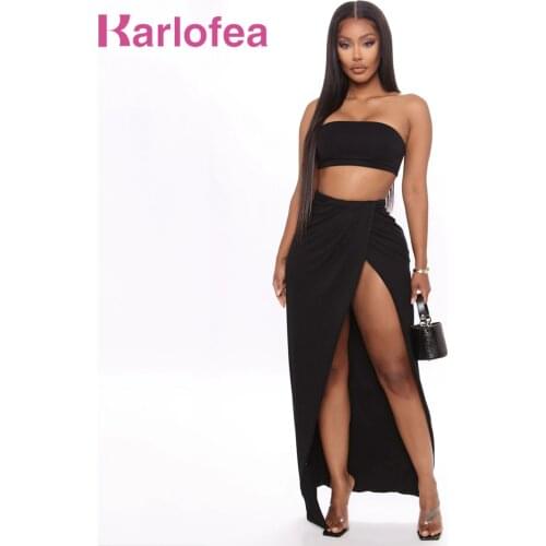 Karlofea New Black 2 Piece Set Summer 2020 Womans Beach Party Wear Sexy Tube Top And Split Long Skirt Matching Suit Clothing
