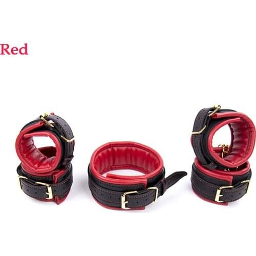 Leather Bondage 3pcs/Set(Neck Collar+Handcuffs+Ankle Cuffs) Slave BDSM Restraints Fetish Women Sex tools For Couples Adult Games