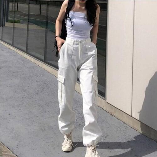 Summer White Womens Wide Leg Bunch of foot Pants Cargo Pants Casual Baggy Pants High Waist Young Style