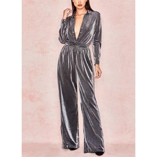Fashion Female Rompers Long Sleeve Grey V-Neck Flare Womens Jumpsuit Winter Evening Party Jumpsuit