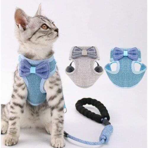 Pet Supplies Pet Harness Cat Leash Set Vest-Style Chest Strap Polyester Bow Breathable Mesh Harnesses Adjustable Bust Cat Leash