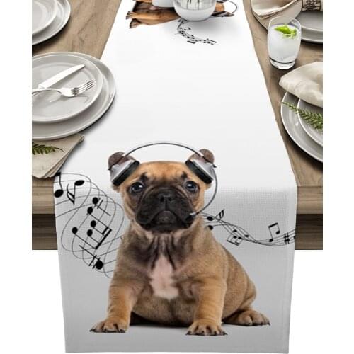 Bulldog Headphones Music Funny Table Runner Luxury Wedding Decoration Table Cover Christmas Decoration Tablecloth