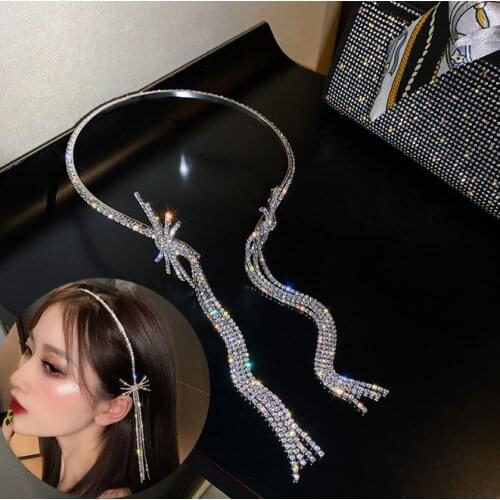 Korea Style Bling Bling Long Tassel Rhinestone Headband Hairbands for Women Wedding Party Hair Accessories Jewelry