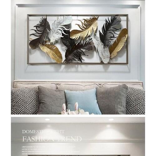 American Luxury Wrought Iron Feather Wall Sticker Mural Decoration Home Livingroom Sofa Background Wall Hanging Pendant Crafts