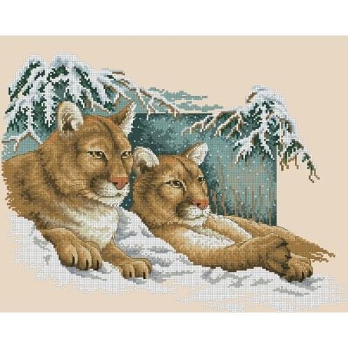 Top Quality romantic nostalgic counted cross stitch kit Snowy Cougars pumas lions sunset dim 13655