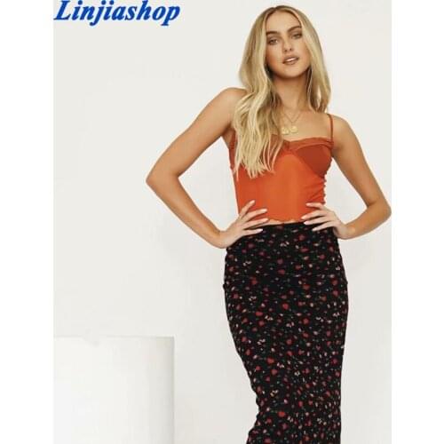 Elastic High Waist Red Floral Print Skirt Fashion Women Midi Sexy Pencil Summer Skirt Jupe Femme