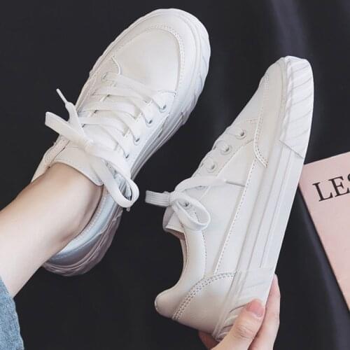 2021 Spring Summer Shoes For Women Leather Sneakers White Woman Vulcanize Shoes Unisex Lace Up Trainers Womens Sports Shoes