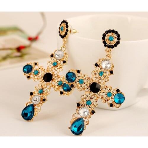 Boho Women Rhinestone Inlaid Hollow Cross Dangle Ear Drop Earrings Jewelry Gift