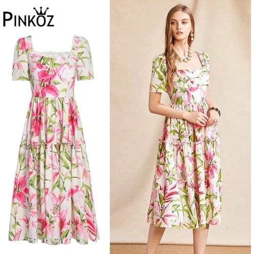 Pinkoz runway designer style pink lily flower printed midi A-line women dress summer holiday new chic robe boho beach sweet 2XL