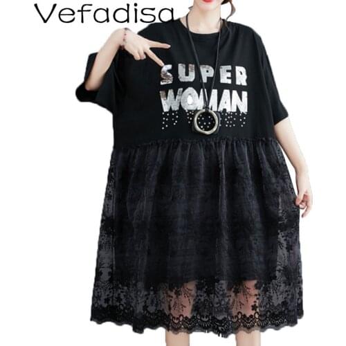 Vefadisa Black Green Rose Red Lace Patchwork Women Dress 2021 Summer Knee-Length Dress Sequin Letter Pullover Dress QYF5184