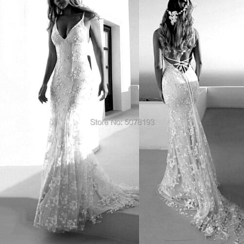Elegant v-neck sleeveless open back zipper mermaid lace wedding dress free shipping
