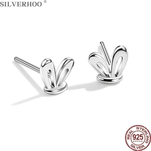 SILVERHOO Sterling Silver 925 Jewelry For Women Cute Rabbit Ears Tiny Stud Earrings For Girl Valentines Day Gift New Arrival