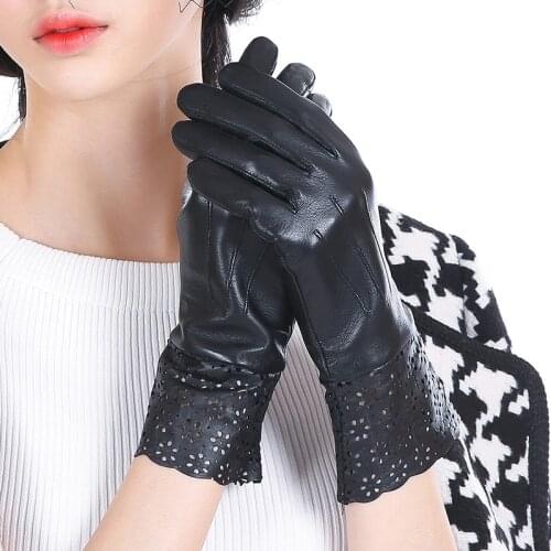 Winter Women Fashion Genuine Goatskin Gloves Real Leather Hollow-carved Gloves Driving Mittens S2467
