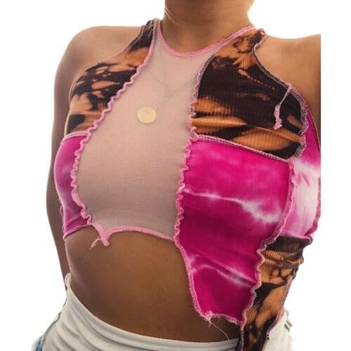 2020 Sexy Mesh Patchwork Sleeveless Tank Vest Women Ribbed Tie Dyeing Print Crop Tops Club Wear Party Bandage Female