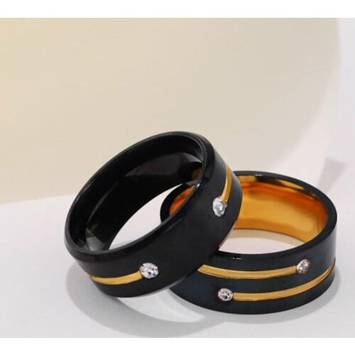 8mm Black Stainless Steel Wide Womens Rings with Rhinestone Men Hiphop Rock Ring New Design Unisex Jewelry for Gift Party WC032