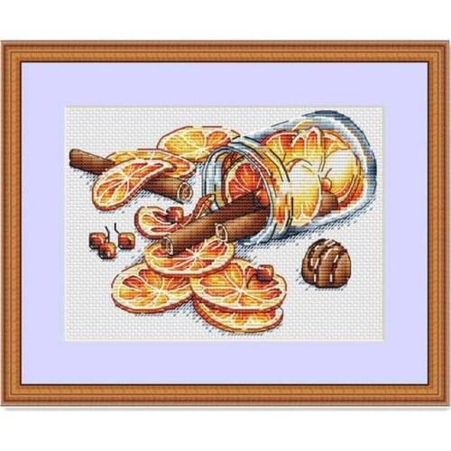 Jar with cinnamon cross stitch lemon fruit 18ct 14ct 11ct white fabric cotton thread embroidery DIY handmade needlework