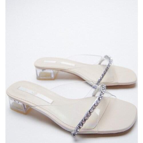 2021 Summer New Transparent Rhinestone Fashion Square Toe High Heels Sexy Outer Wear Stiletto Muller Sandals And Slippers Women