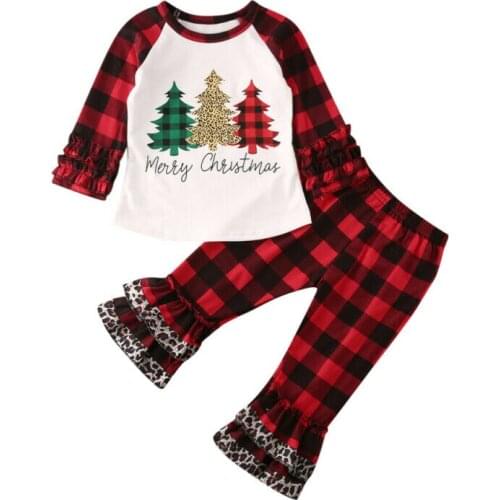 Kids Baby Girl Clothes Merry Christmas Tops T-shirt Plaids Pants Outfits Suit Toddler Long Sleeve Top Flare Trousers 0-5Y