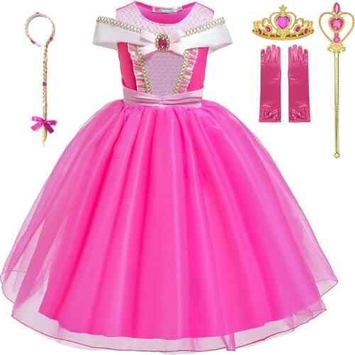 Girls Aurora Dress Kid Pink Tutu Princess Dress Fairy Tale Sleeping Beauty Costume Children Aurora Cosplay Outfit Carnival Gown