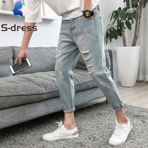 2021 four seasons mens ripped jeans ins style European and American straight slim trend 9-point pants Korean casual trendy bran