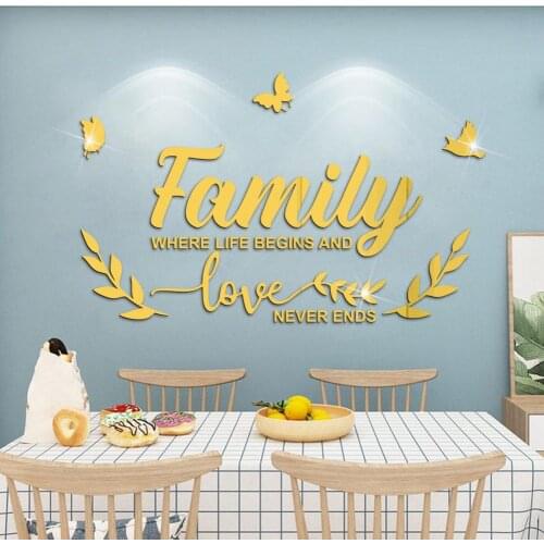 1pc Wall Decor Stickers 3D Modern Family Letter Quotes DIY Butterfly Mirror Removable Stickers Easy to Install for Living Room