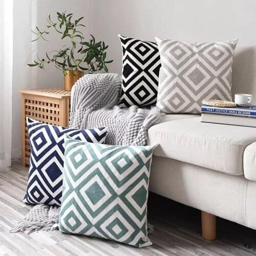 Geometric Embroidered Cushion Cover Grey Black Blue Pillowcase Canvas Cotton Square Embroidery Pillow Cover 45x45cm Home Decor