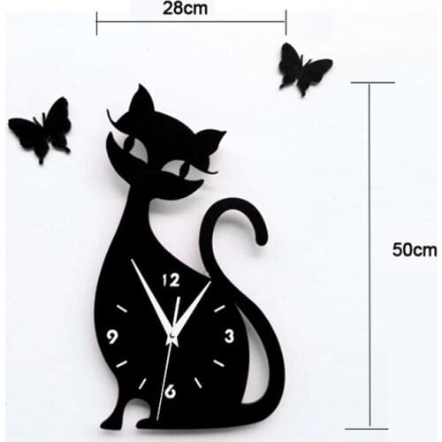 New Fashion 38x21cm 3d Acrylic Kitten Black Cat Butterfly large Wall clock modern design home decor decorative diy wall clocks