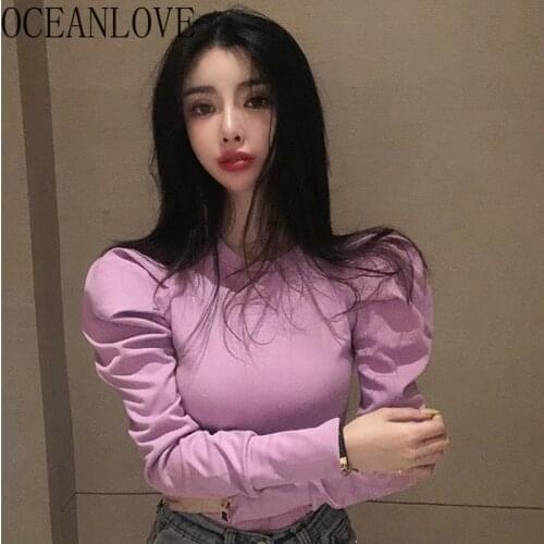 OCEANLOVE Puff Sleeve Women T Shirt Solid 2020 Slim Sexy Chic Spring Autumn Basic T-shirt Casual Korean Ladies Pullovers 13666