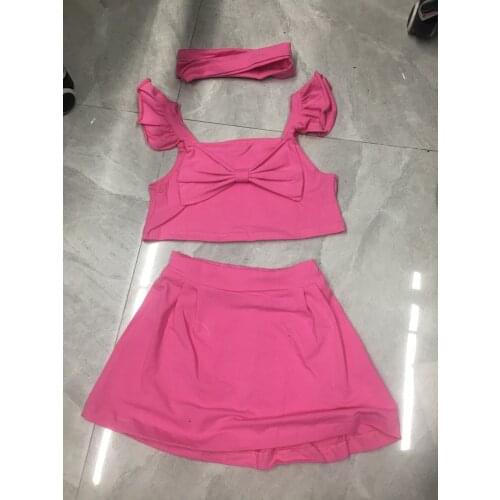 Newborn Infant Pink Solid Square Collar Fly Sleeves Tops Toddler Kids Short Skirt and Headdress Girls Casual 3 Piece Clothes