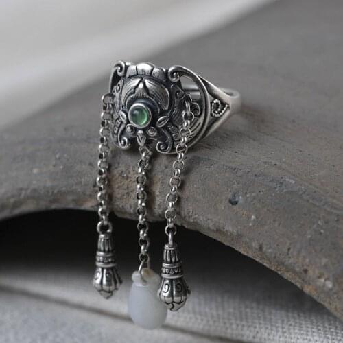 Natural Hetian Jasper Bat Thai Silver Tassel Opening Ring Retro Designer Craft Light Luxury Charm Womens Brand Jewelry
