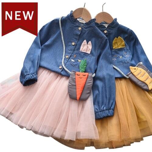 2021 spring and Autumn New Years dress 34567 8-year-old girls dress cartoon lovely denim coat skirt + small bag 3-piece set