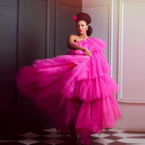 Puff Prom Dresses Elastic Neckline vestidos de noche Fuchsia Chic Evening Gowns Off Shoulder Party Dress Birthday Photoshoot